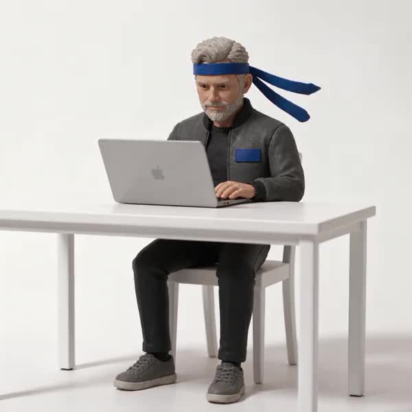 Stirling, Ninjafy's claymation finance controller, with a blue headband, working at a laptop