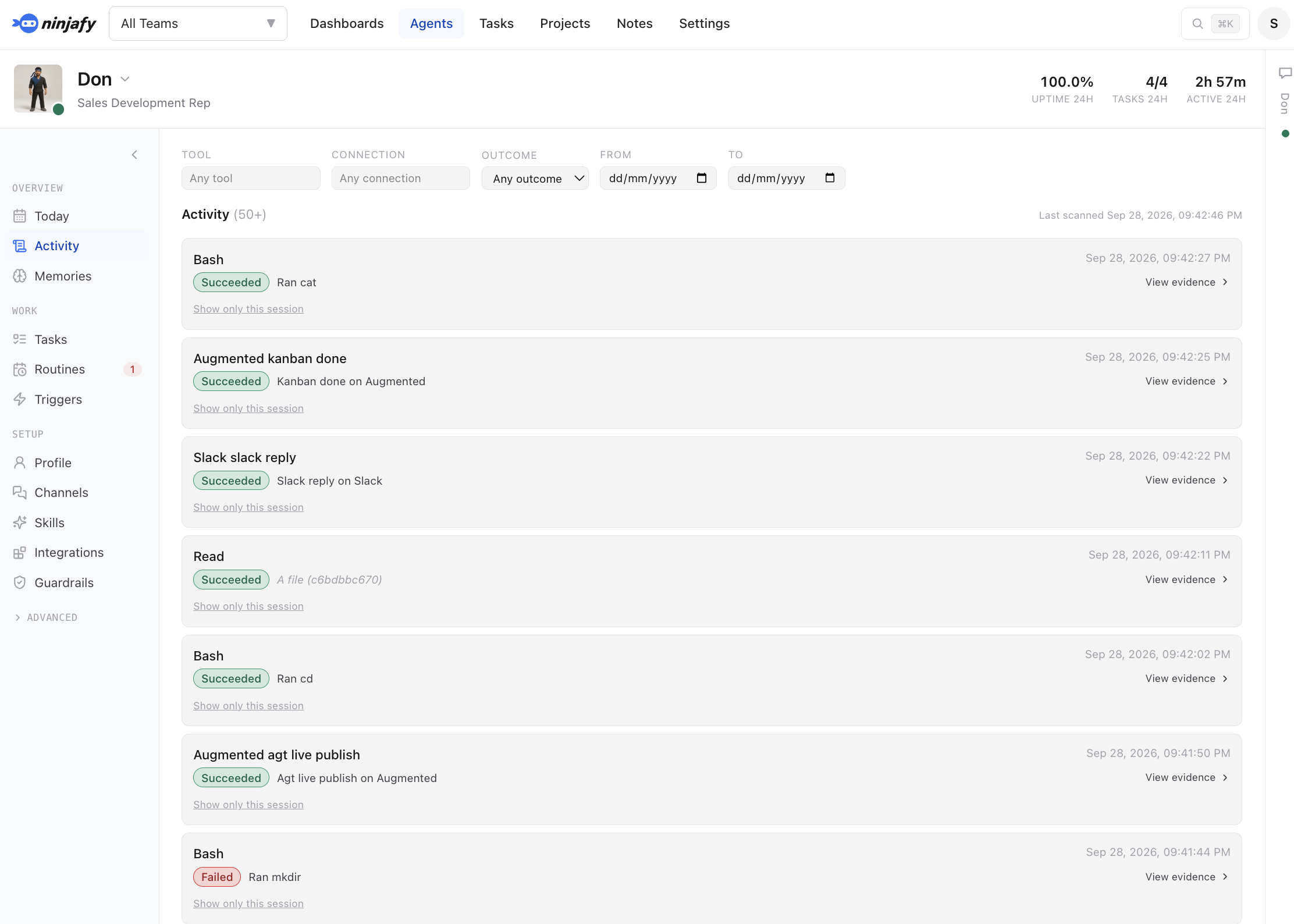 Ninjafy agent activity log listing each tool call with its outcome, timestamp and a link to the evidence