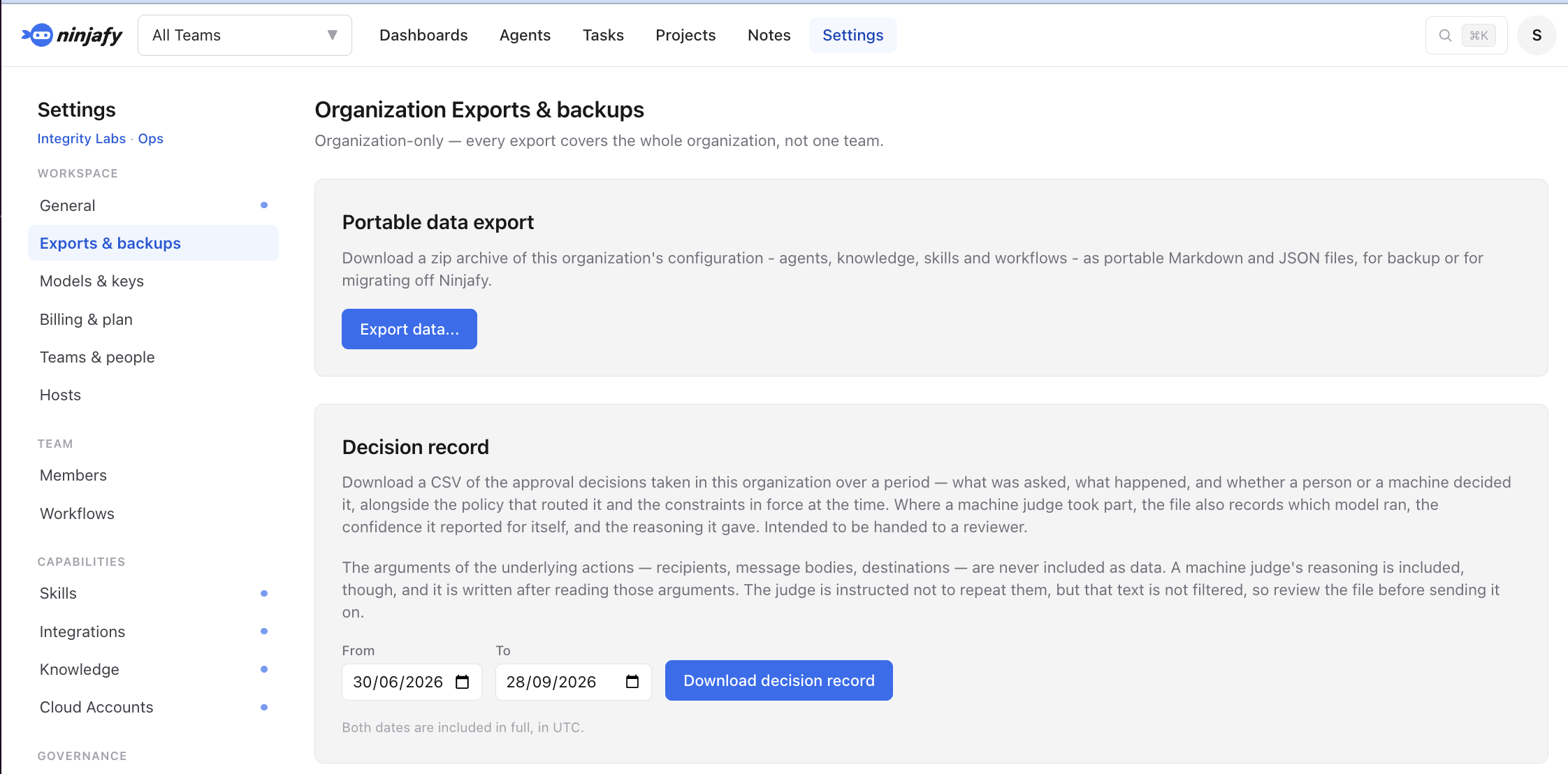 Ninjafy decision record export, downloading a CSV of approval decisions that shows whether a person or a machine decided and the policy in force