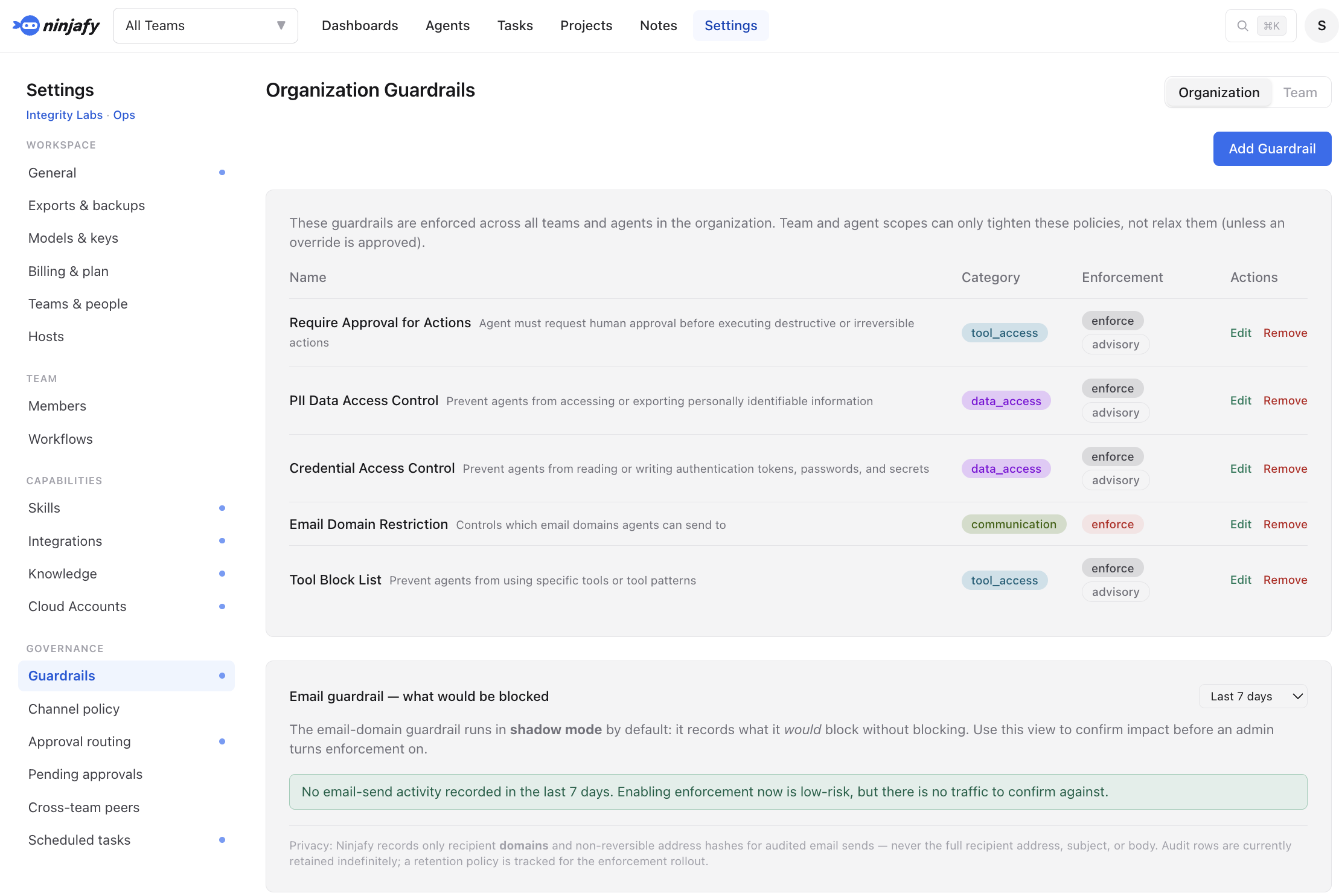Ninjafy organisation guardrails including require approval for actions, PII data access control, credential access control, email domain restriction and a tool block list