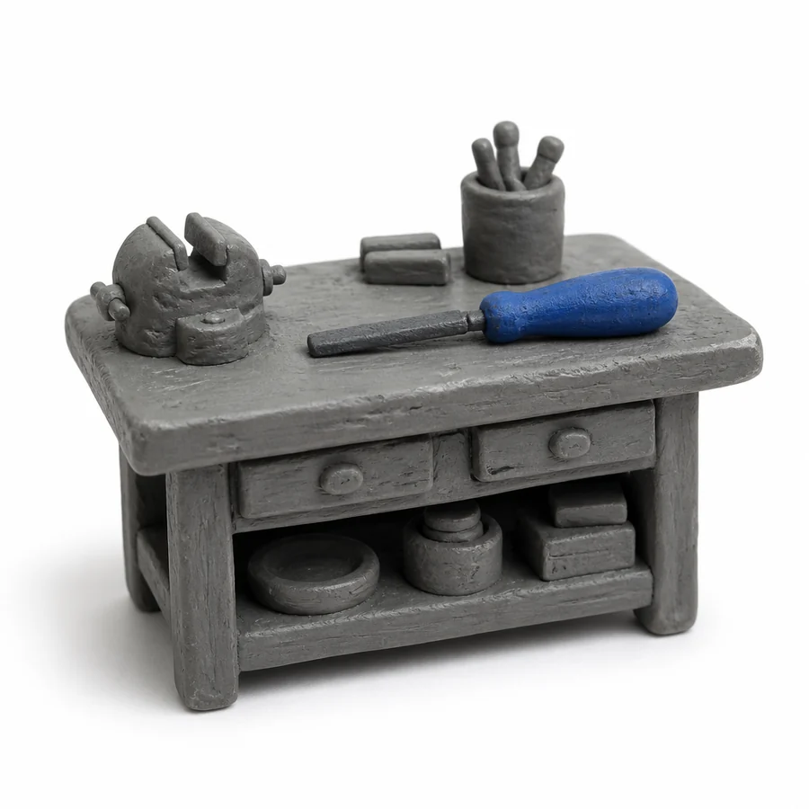 Claymation workbench with a vice and a blue-handled file