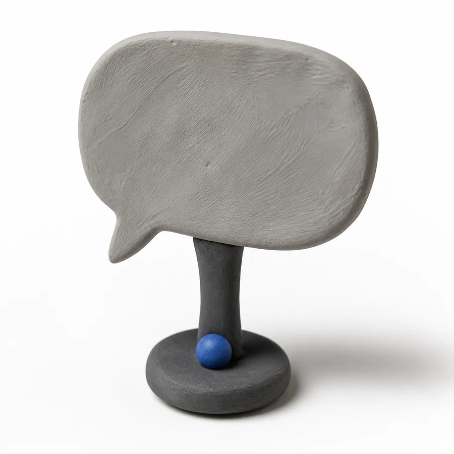 Claymation speech bubble on a small stand