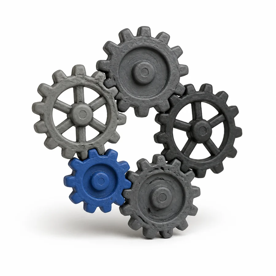 Claymation cluster of interlocking gears, one of them blue