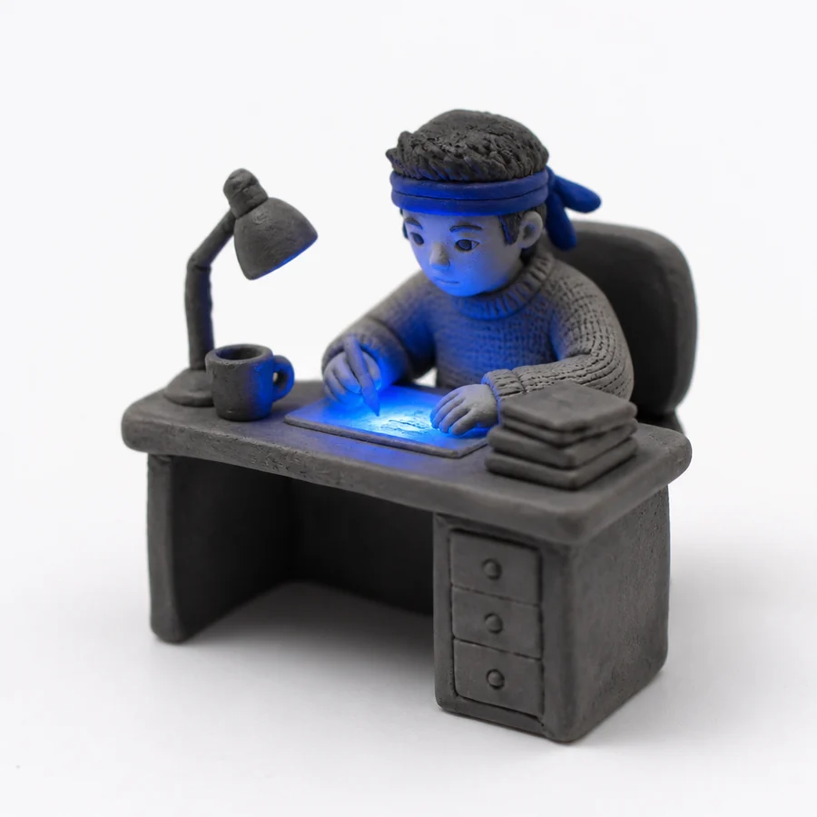 Claymation ninja with a blue headband working at a desk, lit by a blue tablet