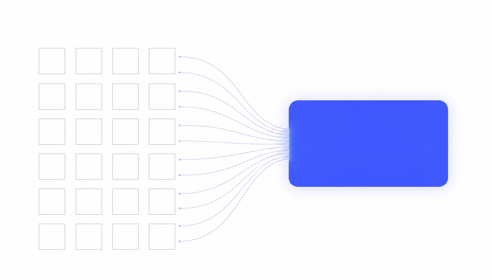 Twenty small grey squares on the left feeding into one large blue block on the right, comparing scattered software seats with a single long-running agent