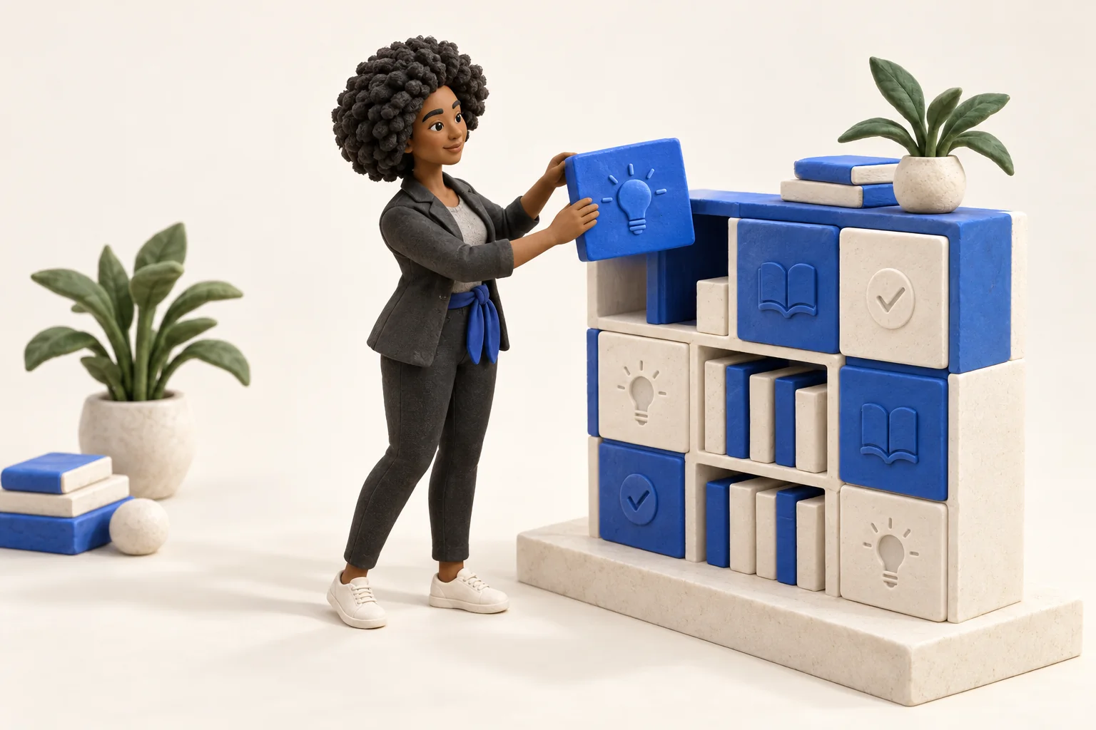 Claymation scene of a woman stacking blue and cream blocks marked with lightbulb, book and tick icons into a growing shelf