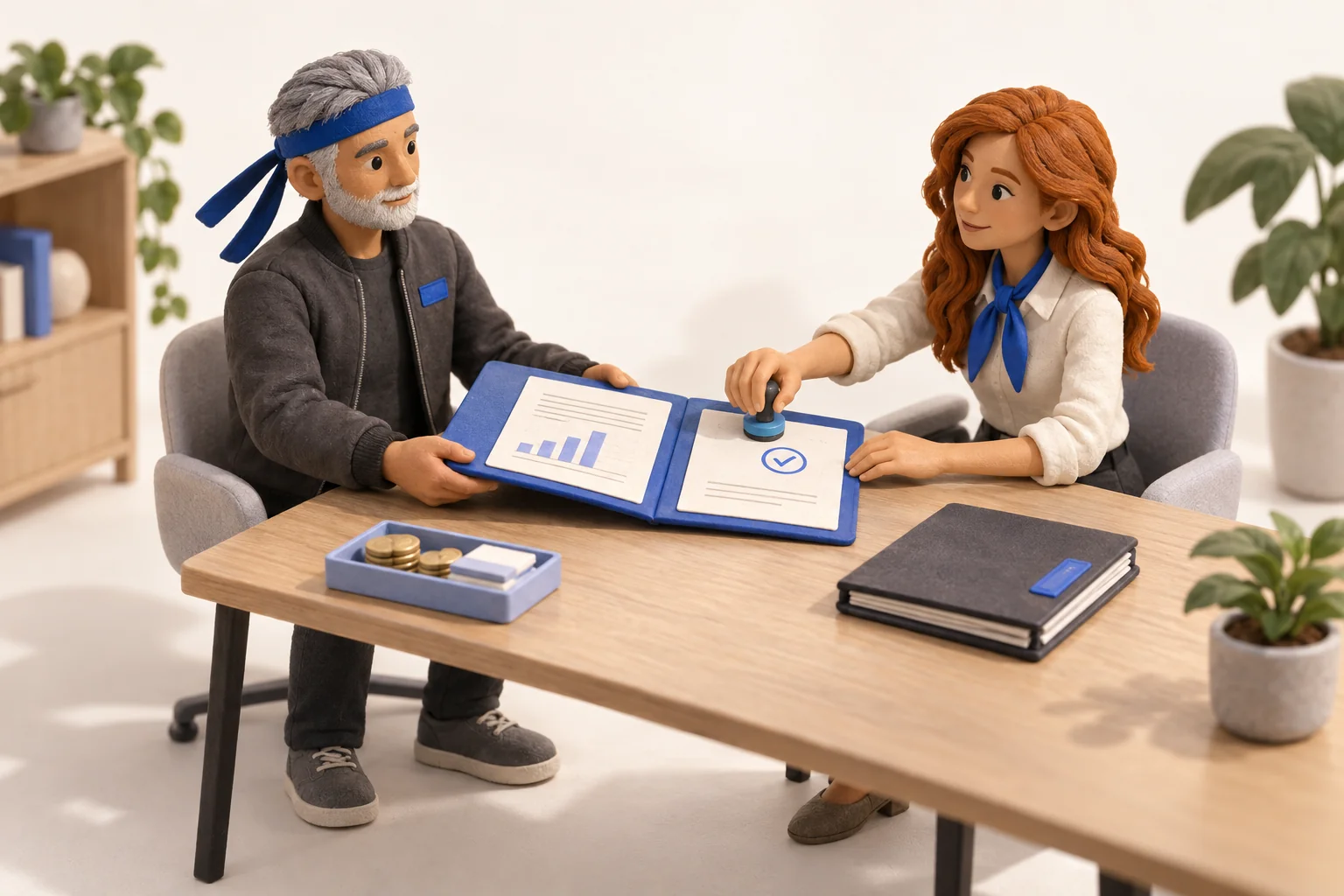 Claymation scene of a ninja teammate presenting a folder while a colleague stamps an approval on the page