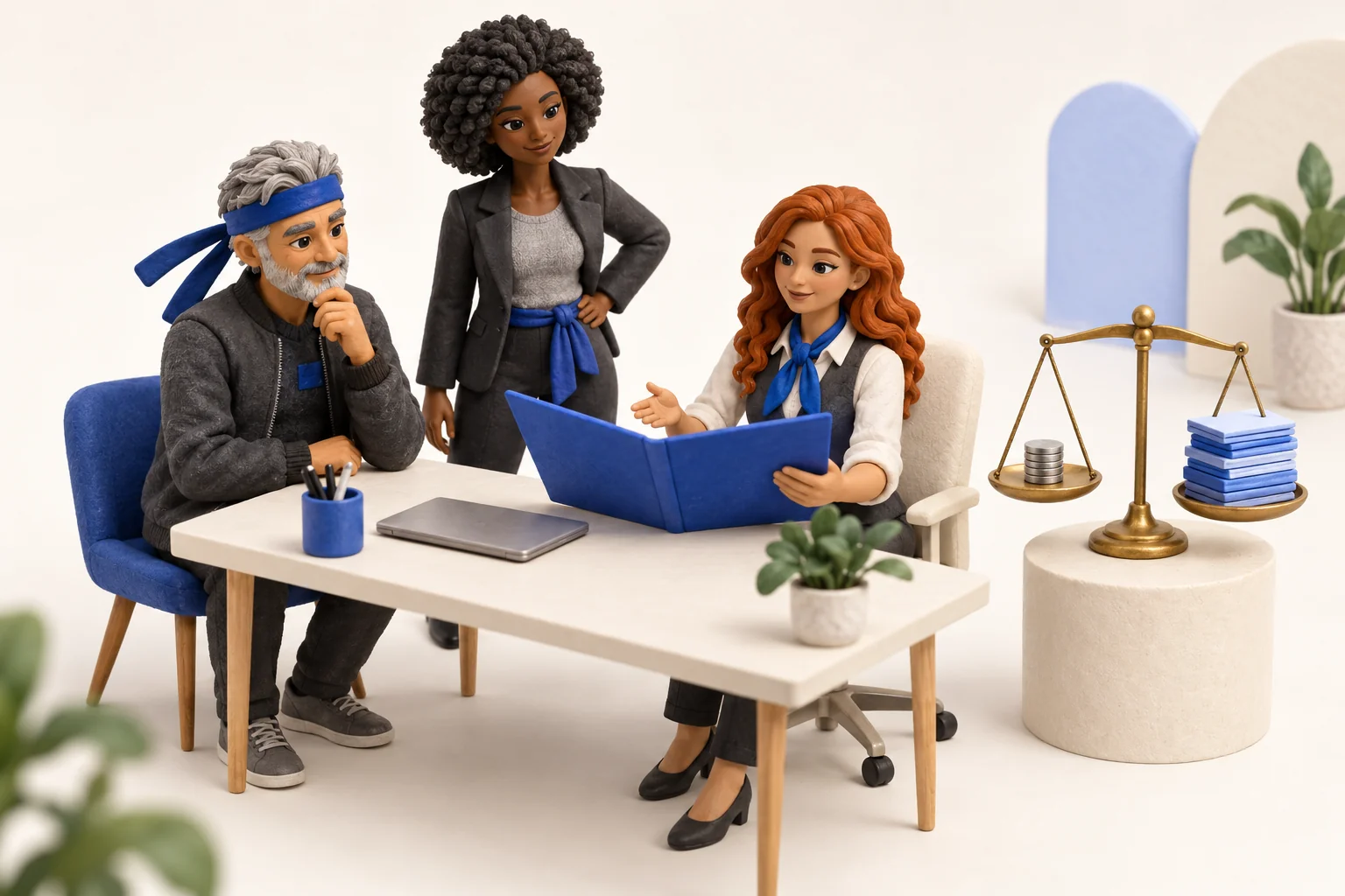 Claymation scene of three colleagues reviewing a blue report beside a brass scale weighing coins against results