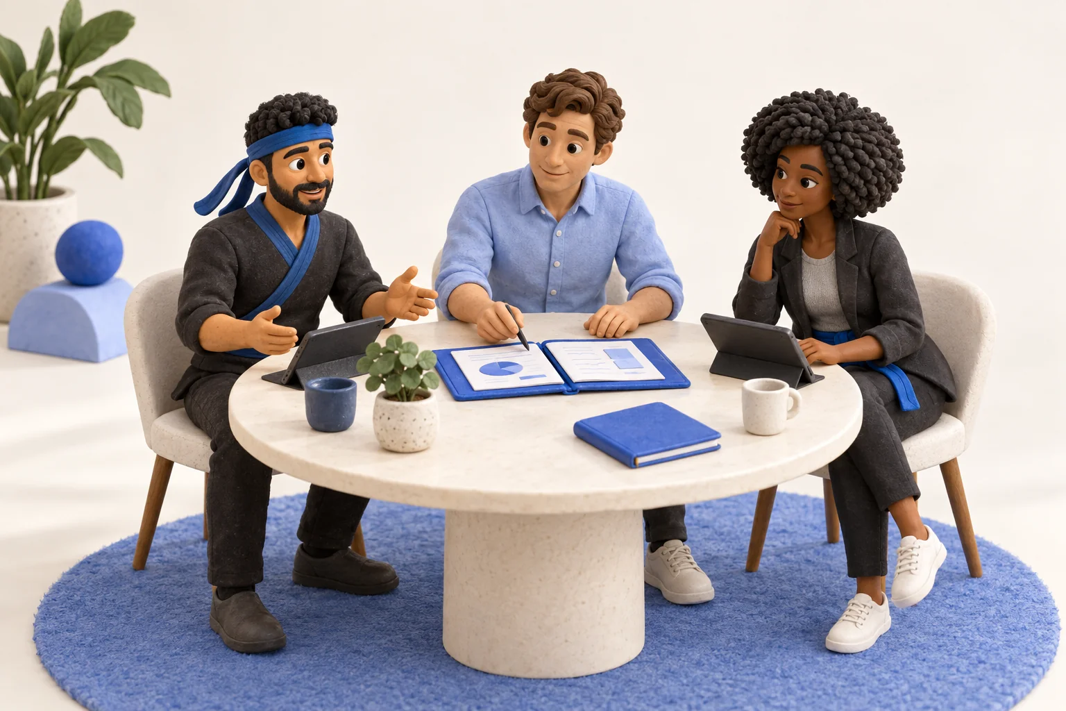 Claymation scene of a blue-headband ninja teammate sitting at a round table with two colleagues reviewing a shared report