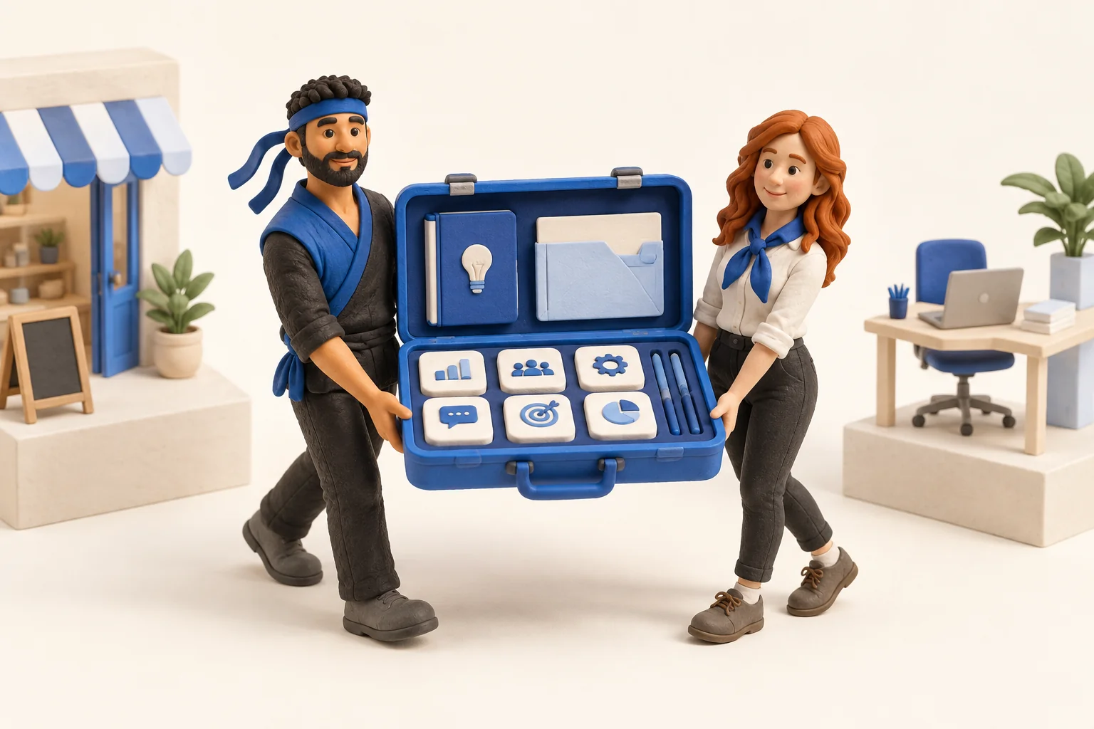 Claymation scene of a ninja teammate and a colleague carrying an open blue toolbox of knowledge and skills between two workplaces
