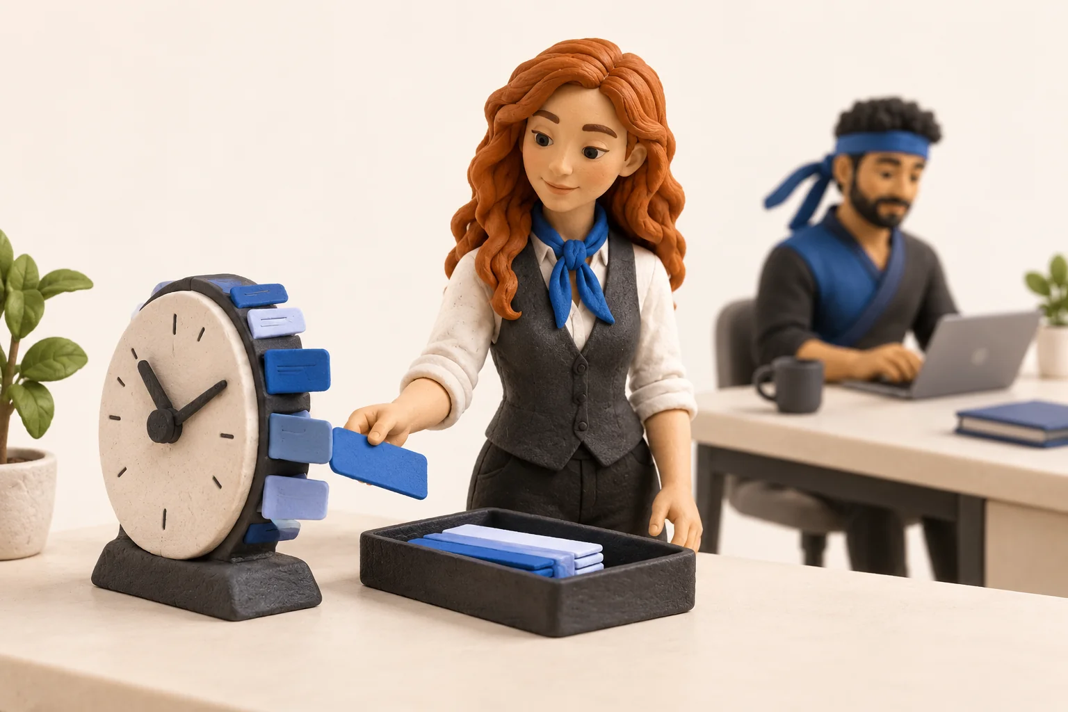 Claymation scene of a clock with scheduled task cards attached, a colleague filing the next card and a ninja teammate working in the background